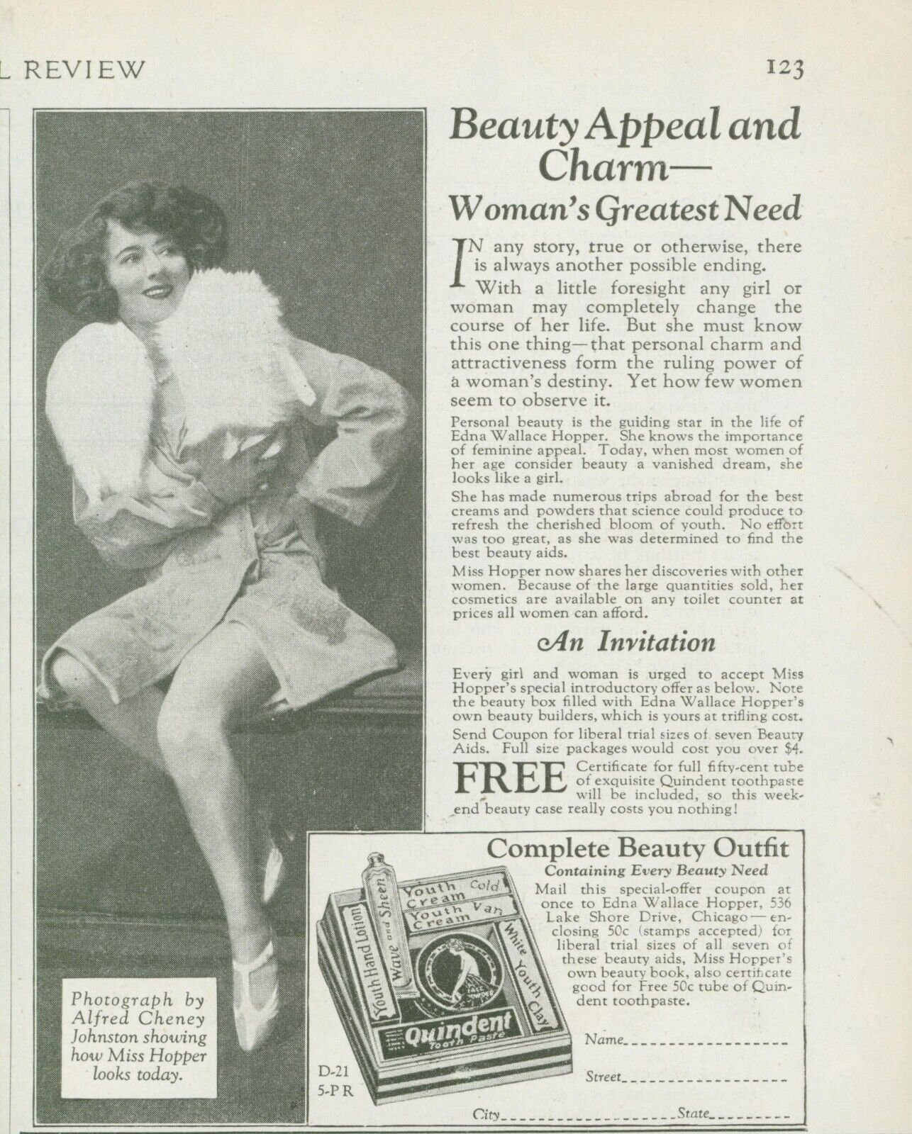 1928 Quindent Edna Wallace Hopper Alfred Cheney Beauty Charm Vtg Print Ad PR4