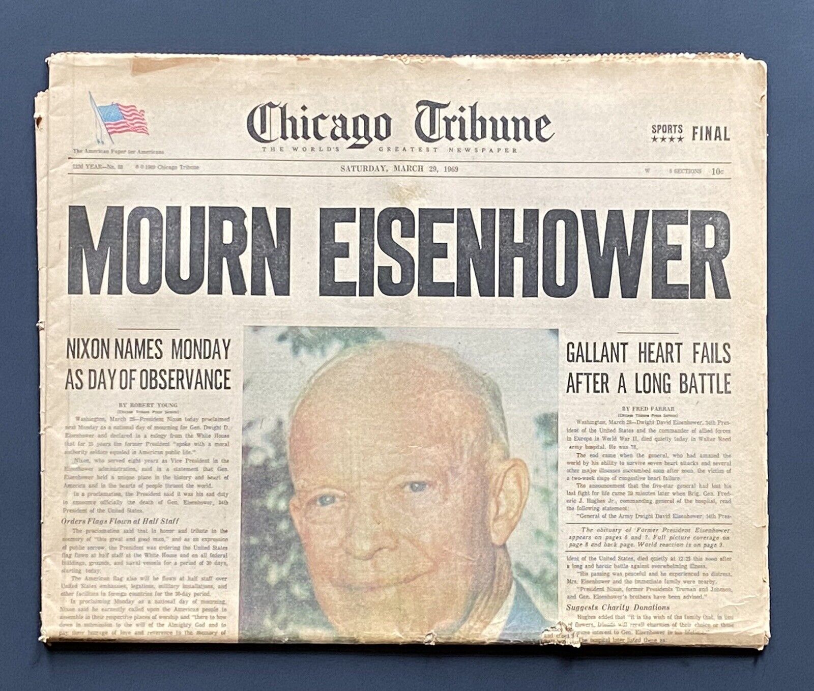 1969 Dwight Eisenhower Passes Away 3/29/69 Chicago Tribune Mourning Newspaper