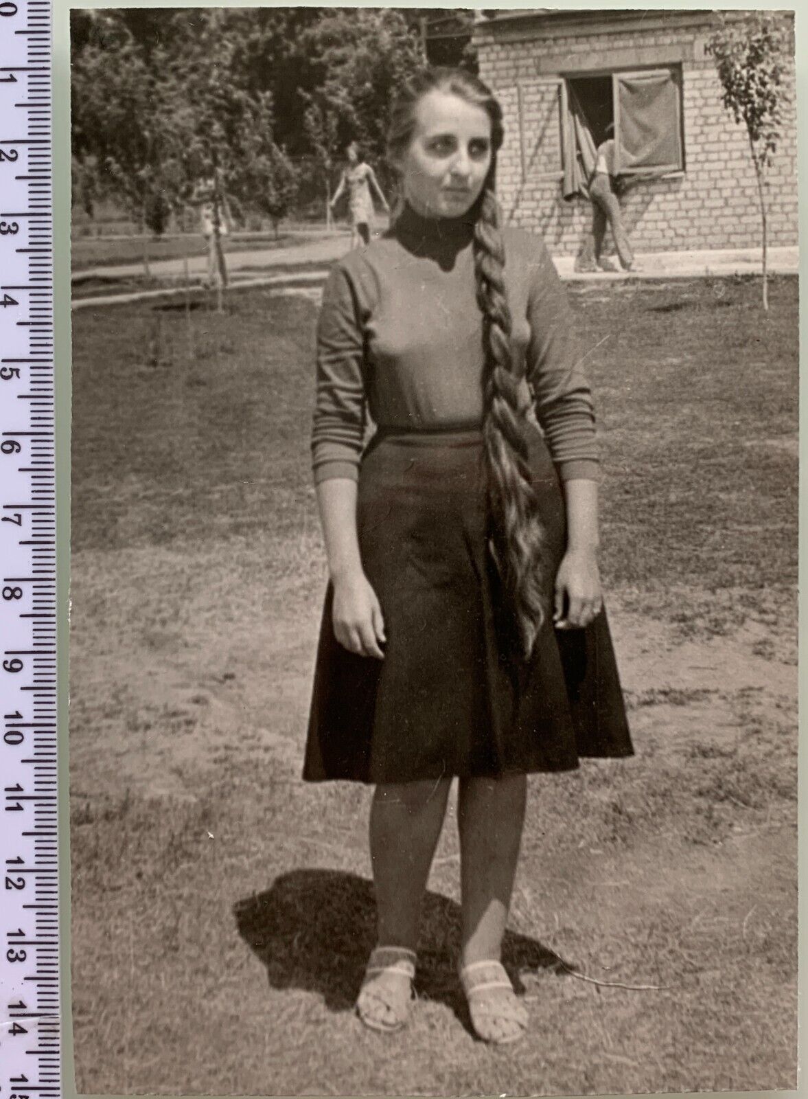 1950s Soviet Pretty Young Girl Pigtail Long Hair Woman USSR Vintage Photo