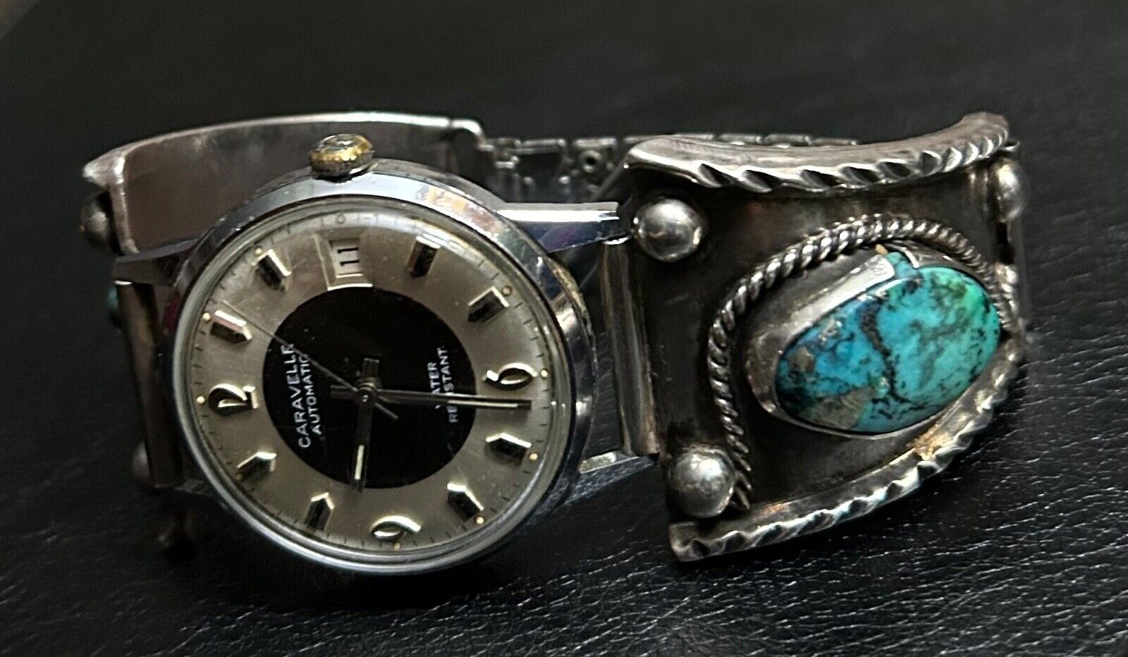 Old Pawn Turquoise Cuff Wrist band & Caravelle N1 Automatic Watch by Bulova