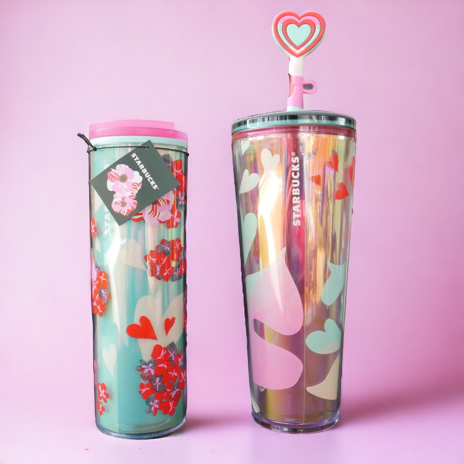 Starbucks 2024 Tumbler + Cold Cup Set Duo 16/24 oz Love Hearts Flower Summer Fun
