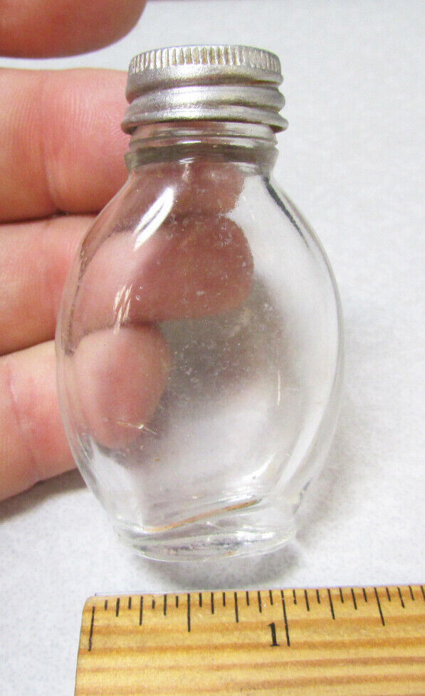 vintage Bayer Aspirin glass bottle, empty oval bottle silver metal screw on lid