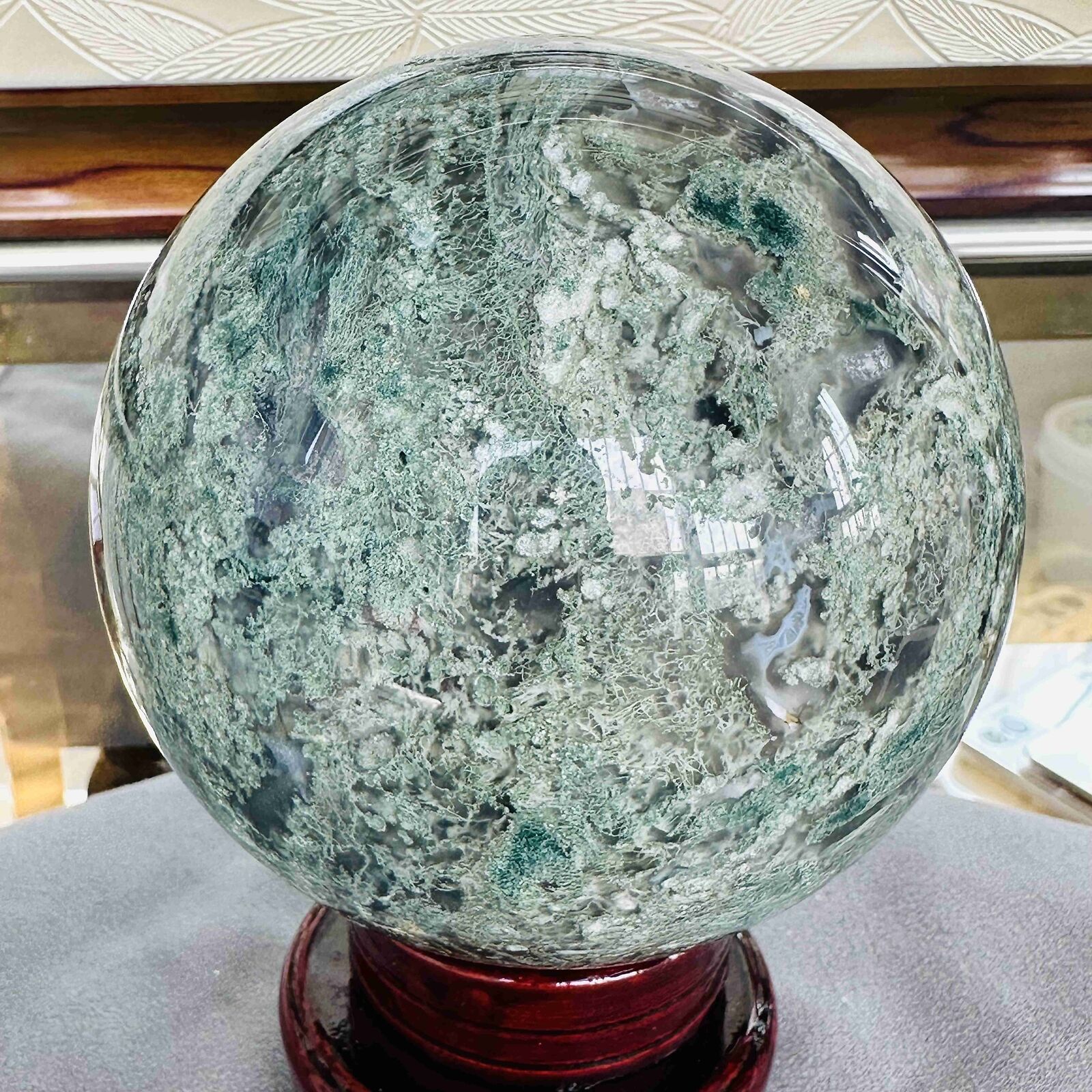 Natural Geode Aquatic Plant Water Grass Moss Agate Crystal Sphere Healing 1603G