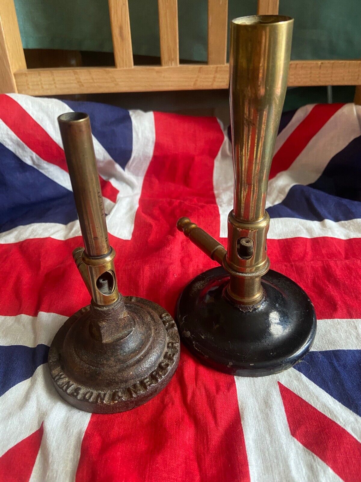 2 Vintage Lab Brass Bunsen Burners 1. Townson & Mercer 2.unknown large outlet