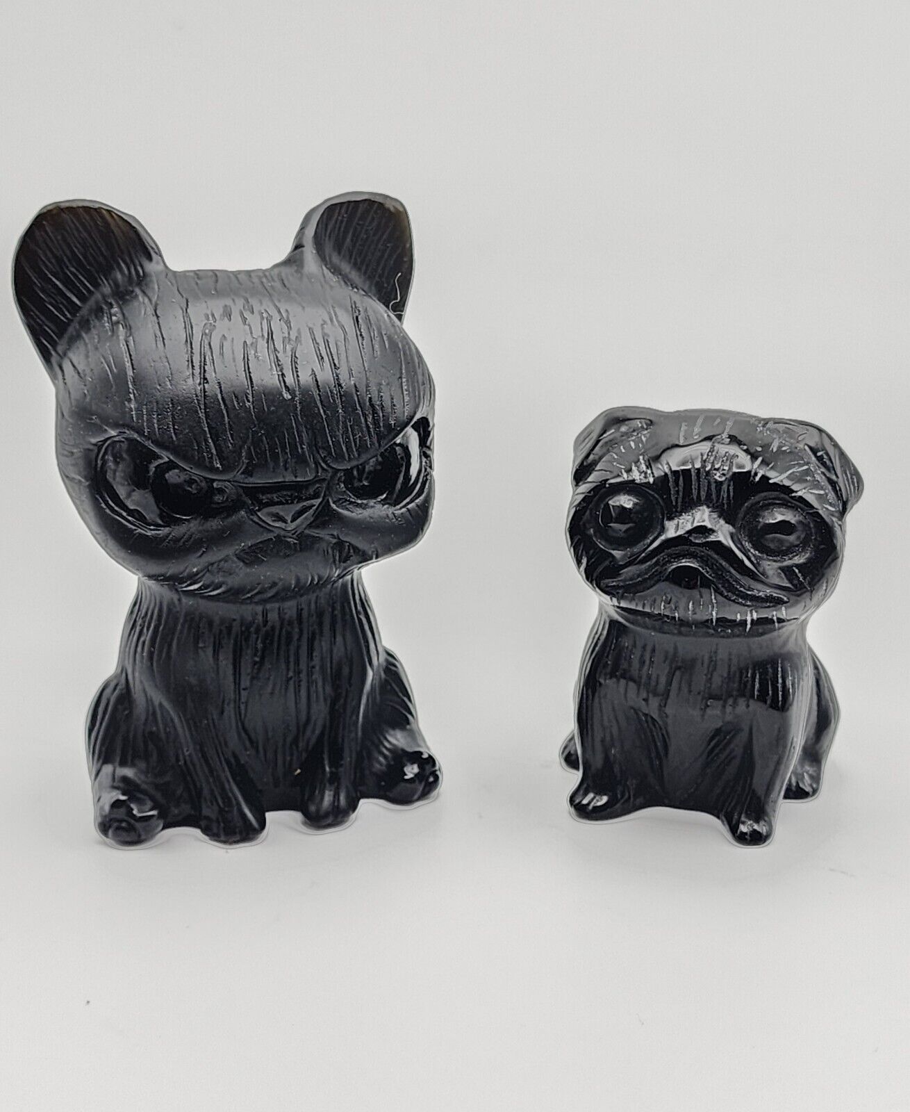 Black Obsidian Hand Carved Grumpy Cat And Dog Set, Gemstone Animal Carving 