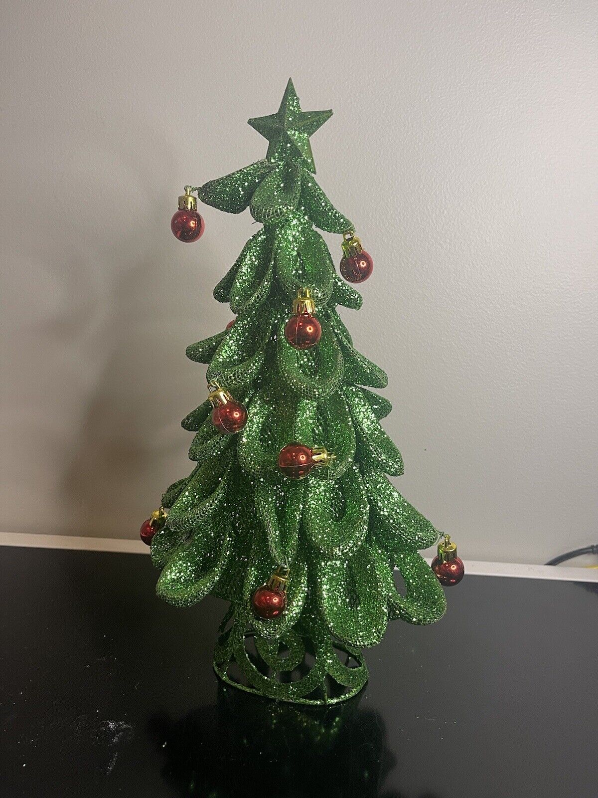 Green Glitter Metal Mesh Christmas Tree With Red Ball Ornaments Vintage