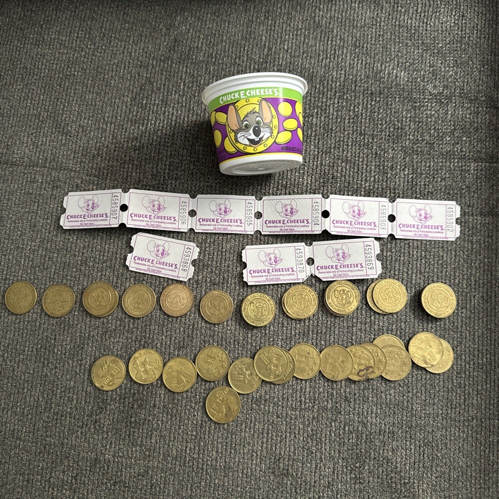 Chuck E. Cheese Lot, Cup, Hockey Stick,9 Tickets, 37 Various Tokens 1999-2016
