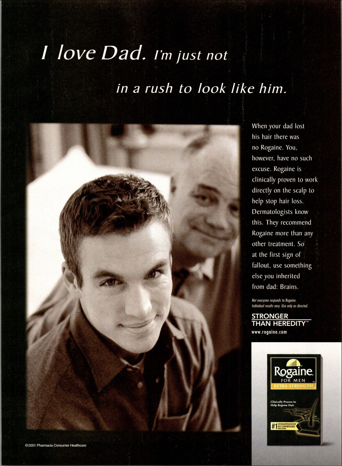 Rogaine for Men 2001 Hair Care Print Ad Rogaine Father Son Hair Humor 