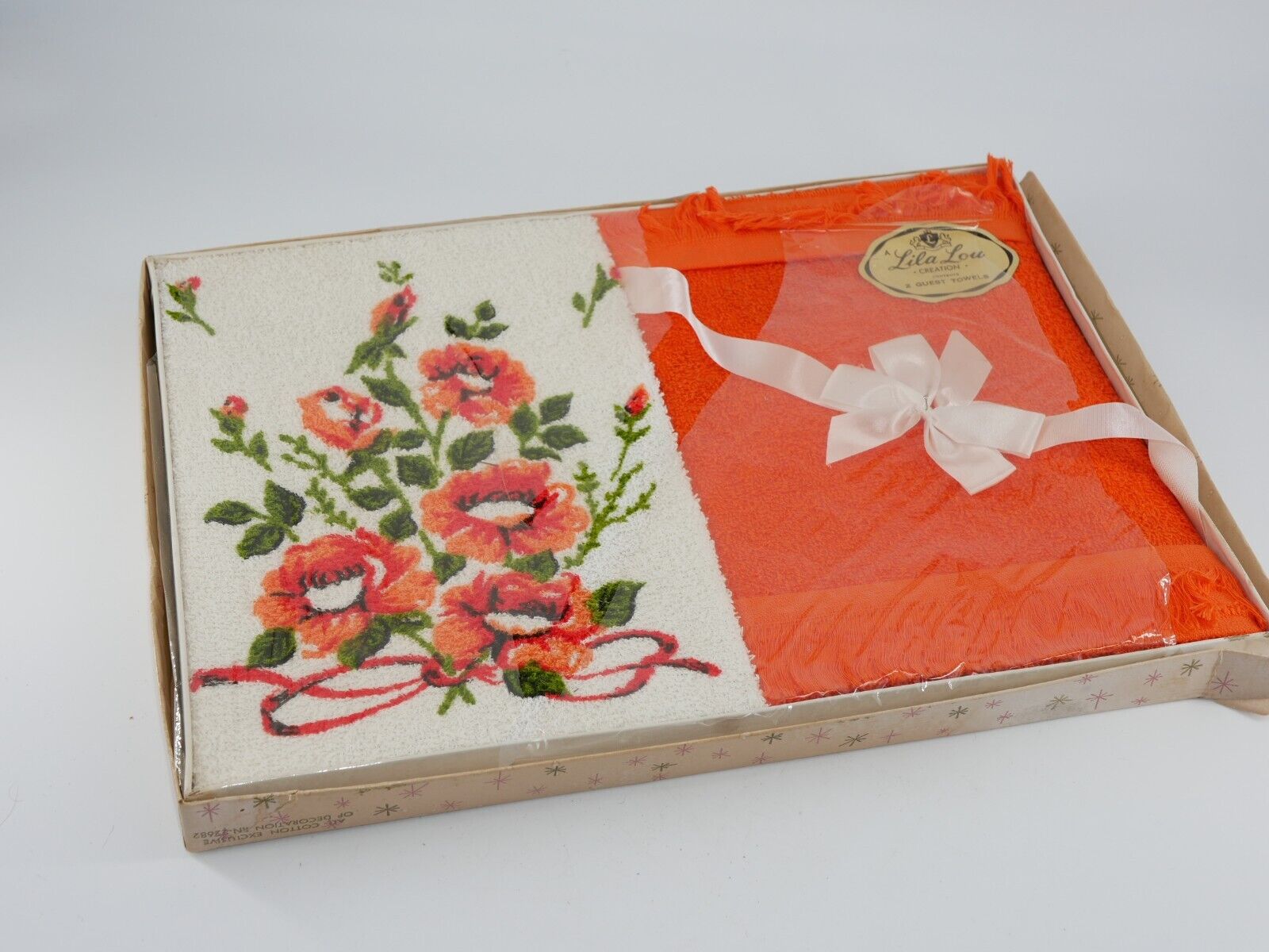 Vintage Lila Lou Creations 2 guest towels Orange White Floral NOS MCM