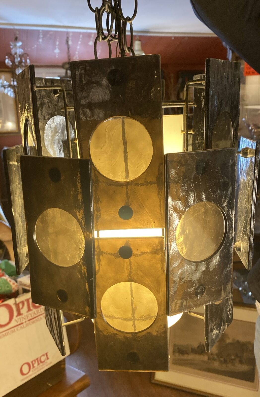 Paneled smoked glass & Wire Moderne pendant Swag light Circa 1960-‘70’s