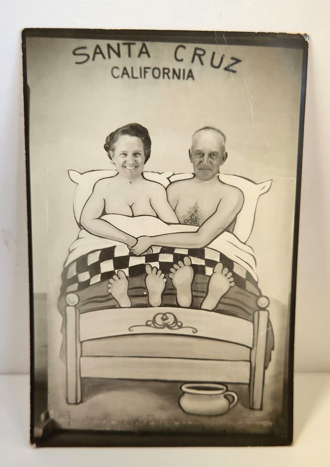 Vintage Santa Cruz California B/W Arcade Photo Painted Backdrop Old Couple Bed