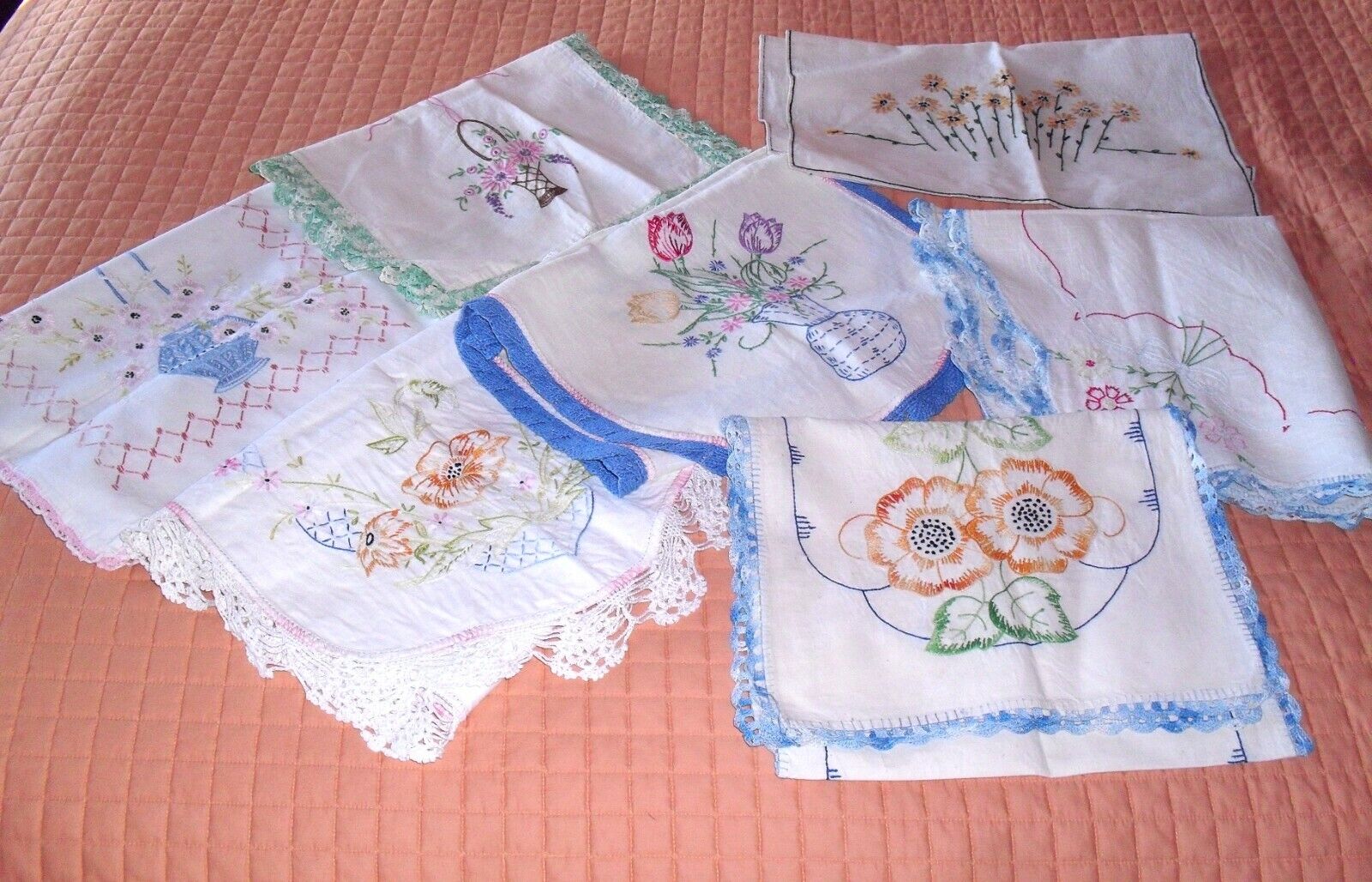Lot of 7 Vintage Crocheted Embroidered Table Runners Dresser Scarves Lace Cloth