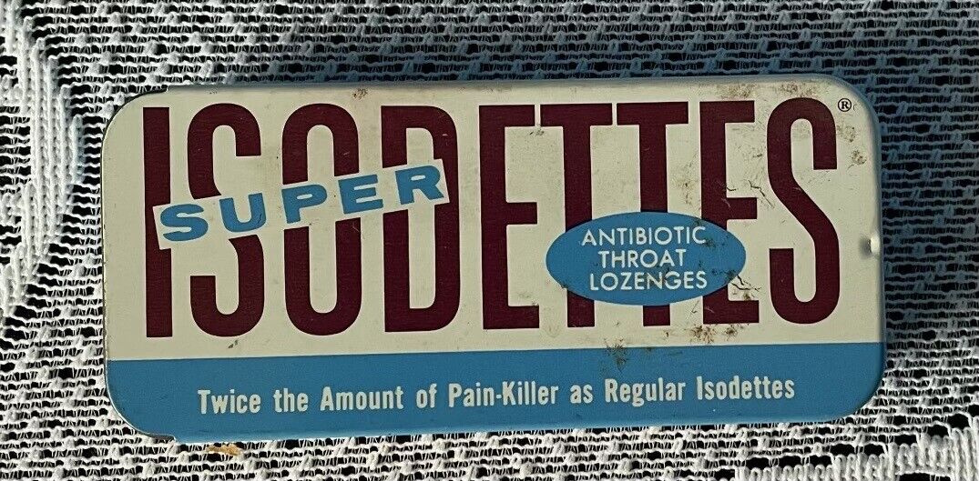 Vintage Super Isodettes Antibiotic Throat Lozenges Tin Metal Box Sliding Lid