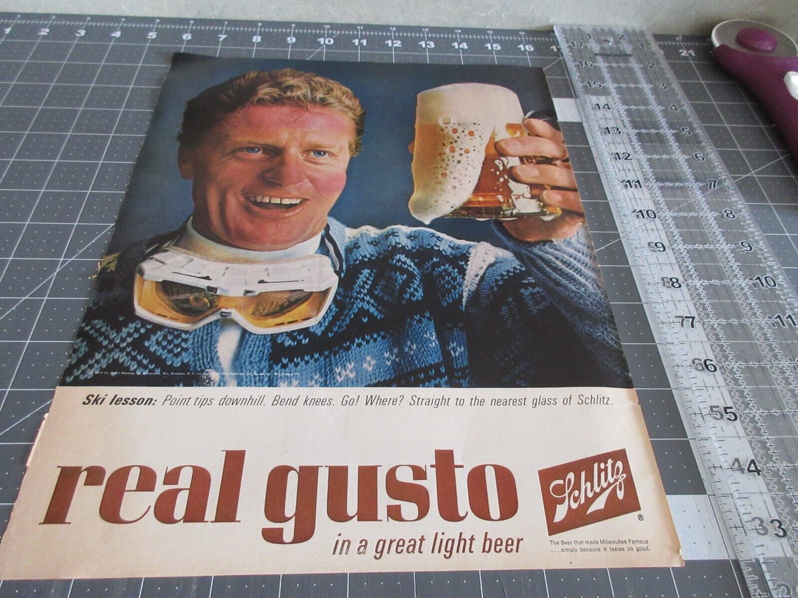 1965 Vintage Print Ad Schlitz Great Light Beer Ski Goggles Ski Lesson
