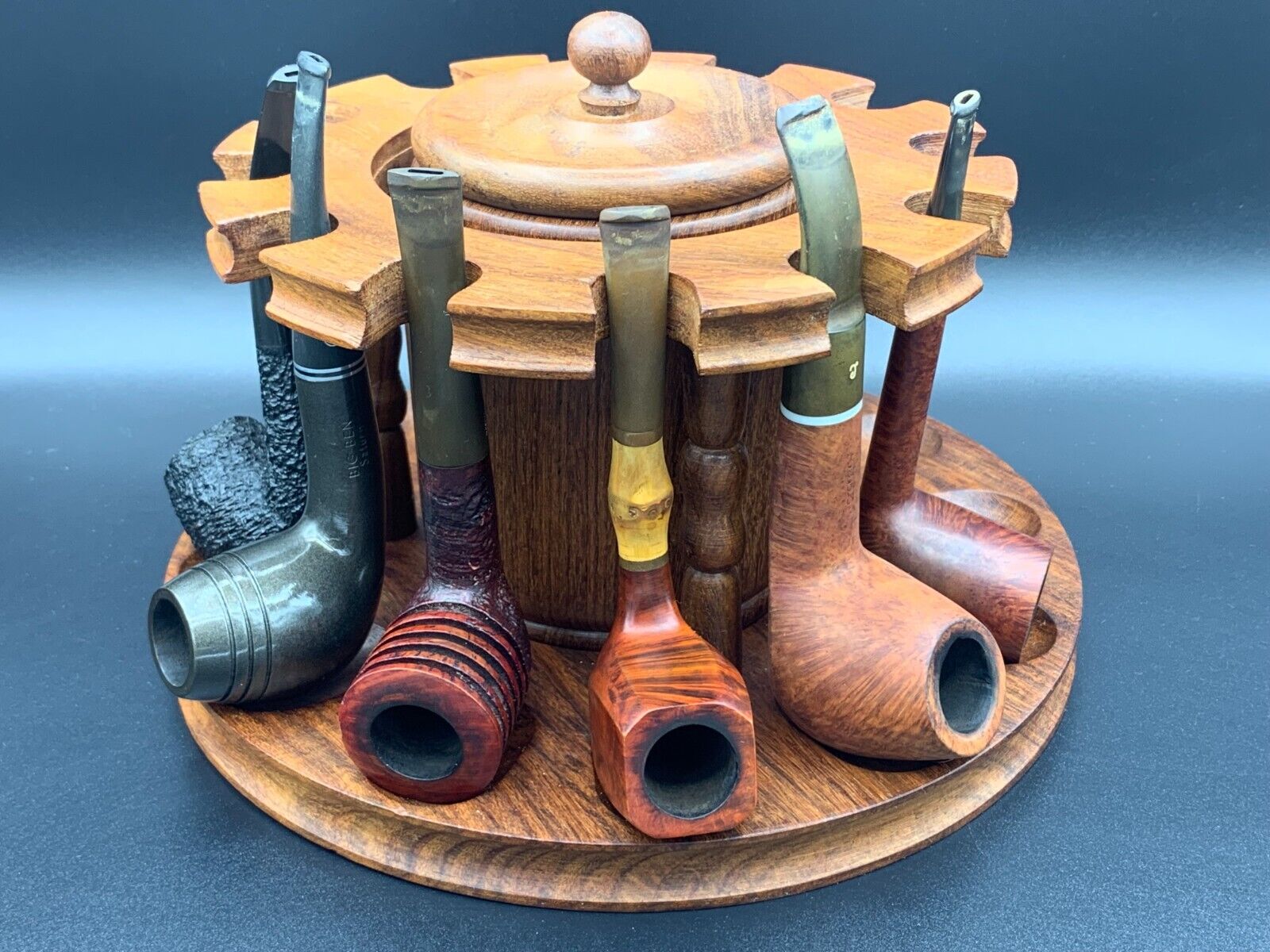 Vintage Wooden Smoking Pipe Stand Rack Display Holder Tobacco Jar Humidor
