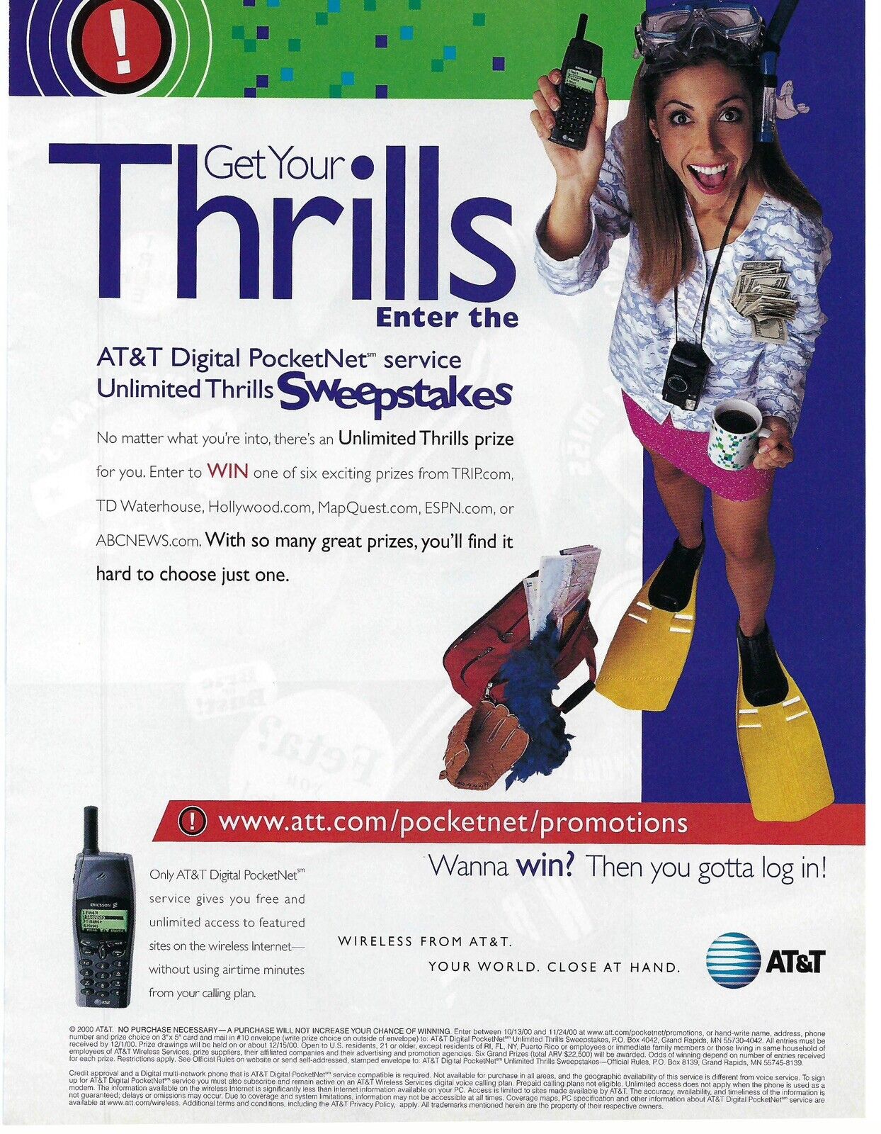 2000 AT&T Digital Unlimited Thrills Sweepstakes Vintage Magazine Print Ad/Poster