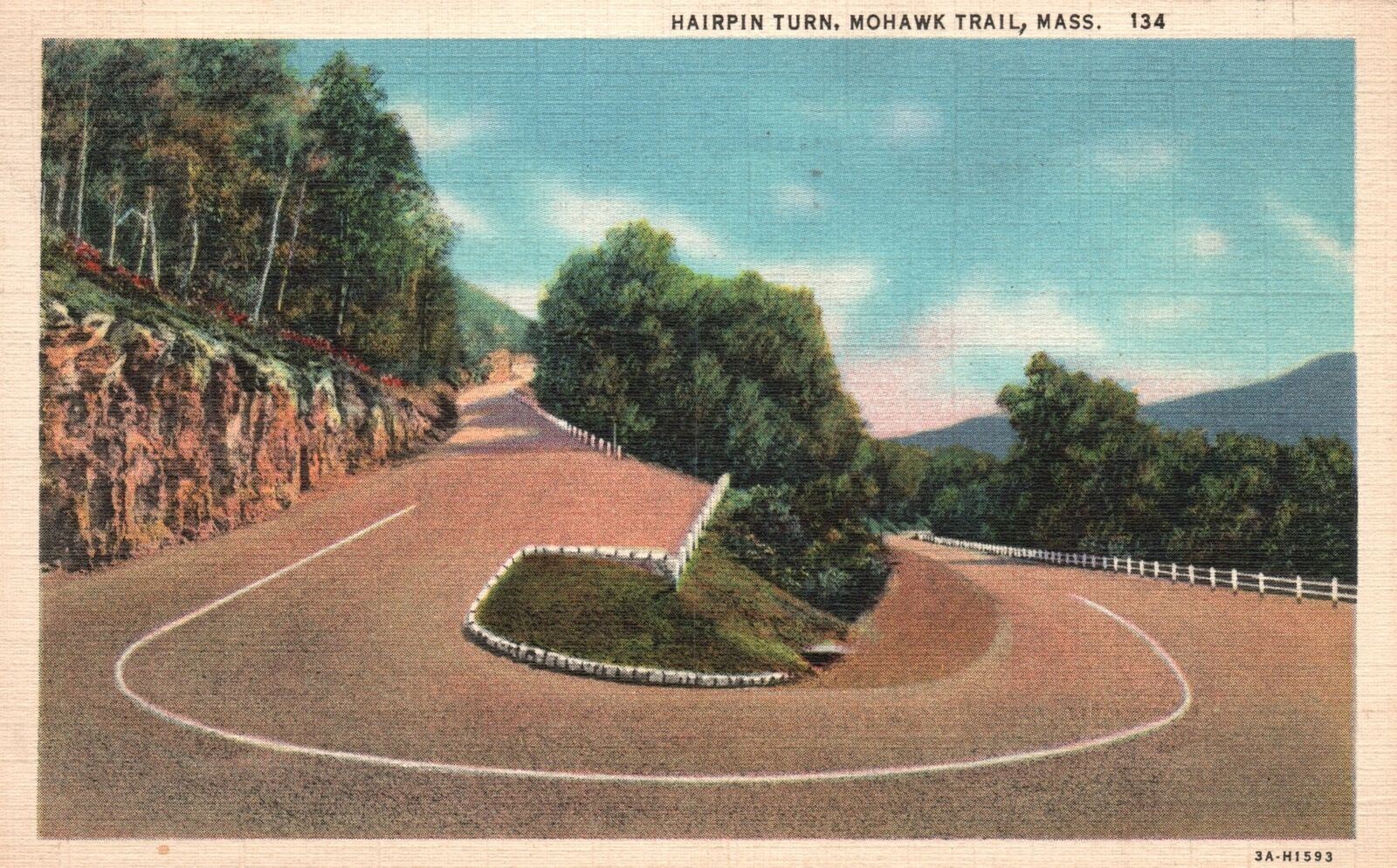 Vintage Postcard 1936 Hairpin Turn Mohawk Trail Massachusetts By Art-Colourtone