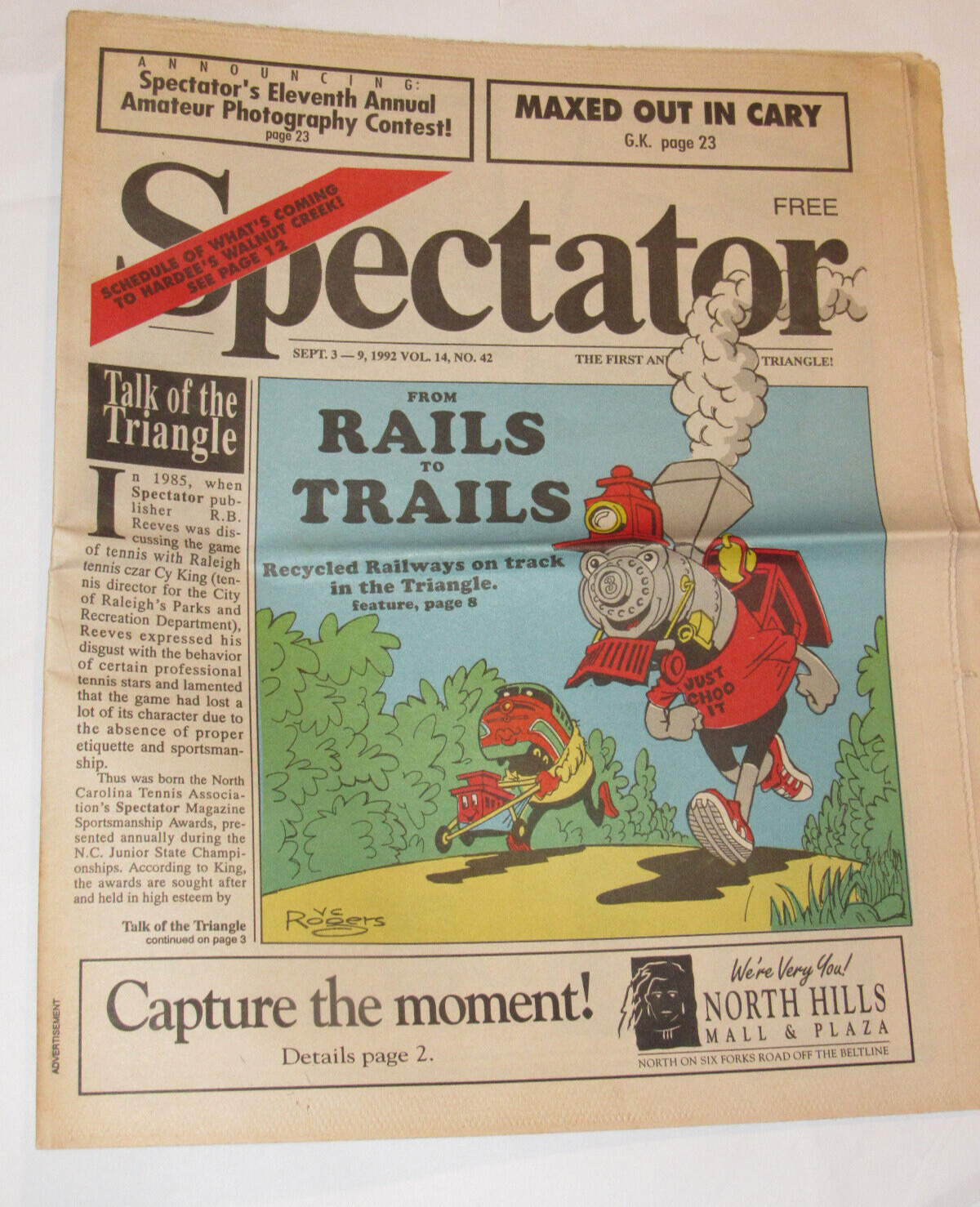 VINTAGE 1992 RESEARCH TRIANGLE PARK, NC 'SPECTATOR' NEWSPAPER RAIL TRAILS ISSUE