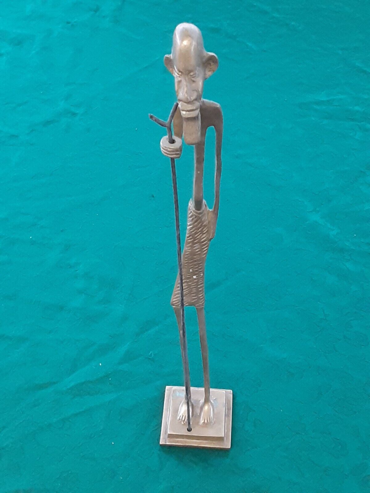 vintage Solid Bronze / Brass 17.5 inch tall AFRICAN TRIBESMAN with FORKED STAFF