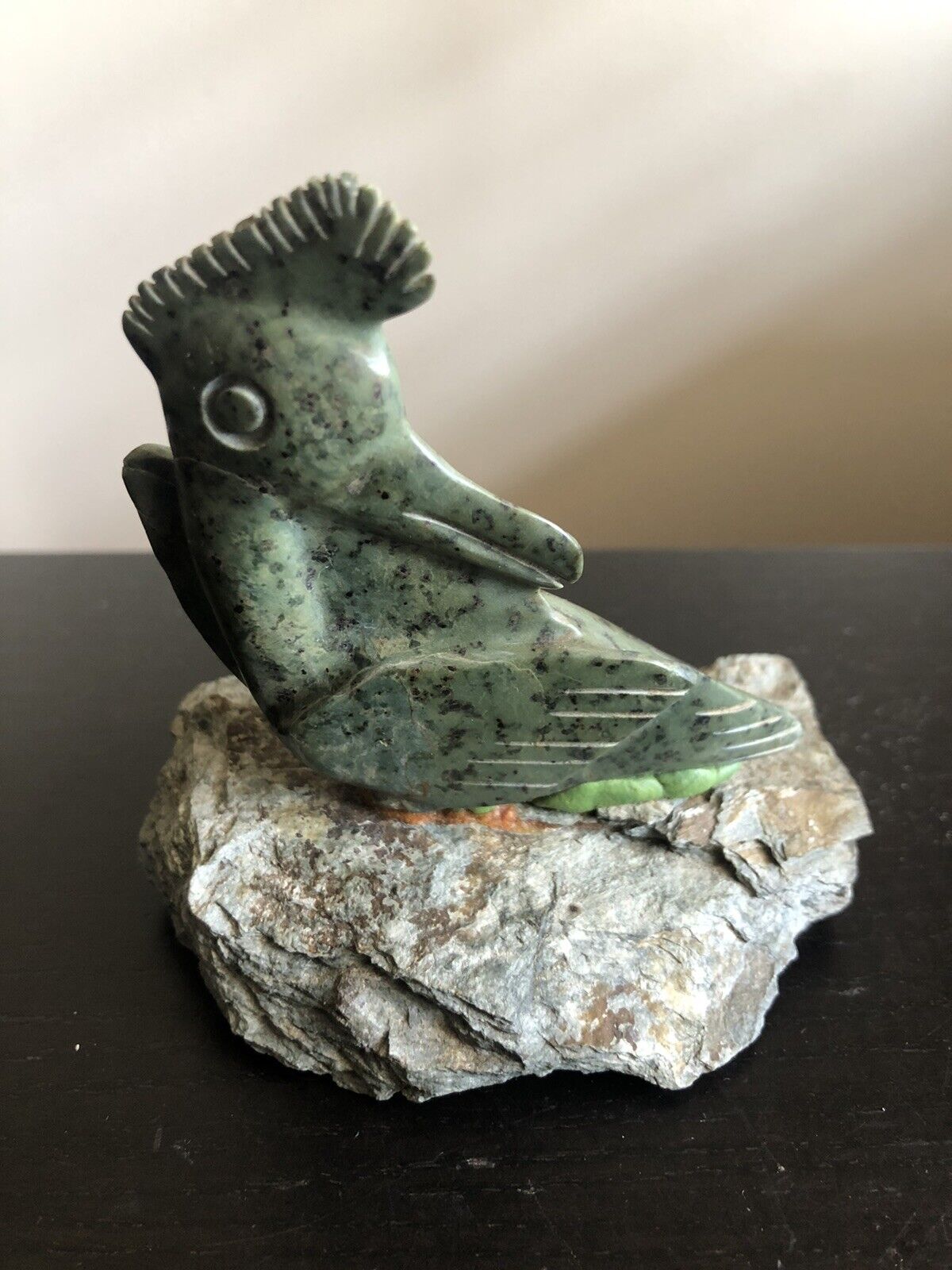 Vintage Carved Stone Exotic Bird Art Sculpture Statue Perched on Rock Base NICE