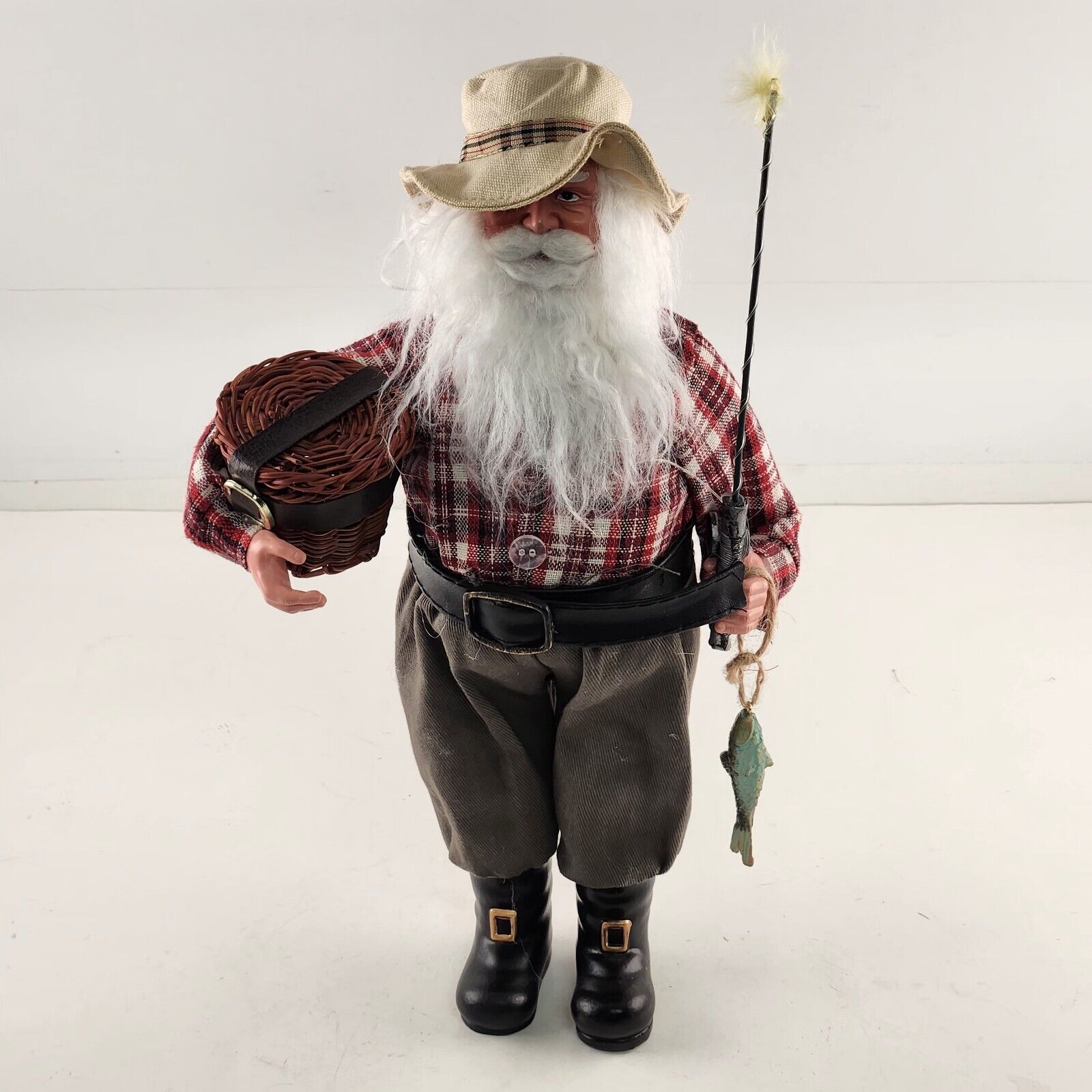 Fishing Santa Claus Figurine w Basket Pole & Fish Costal Holiday Collection 12\