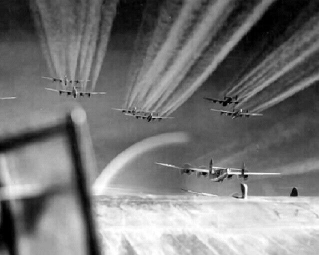 Formation of Consolidated B-24 Liberator Bombers Bomb Raid WWII 8x10 Photo 357a