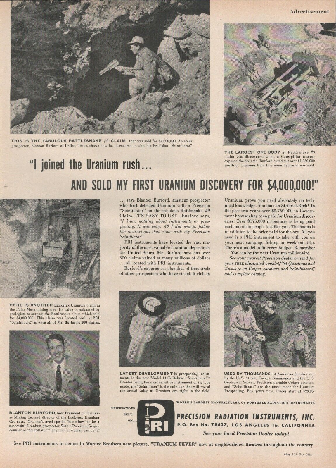 1955 Precision Radiation Instruments Mining Uranium Rush Vintage Print Ad