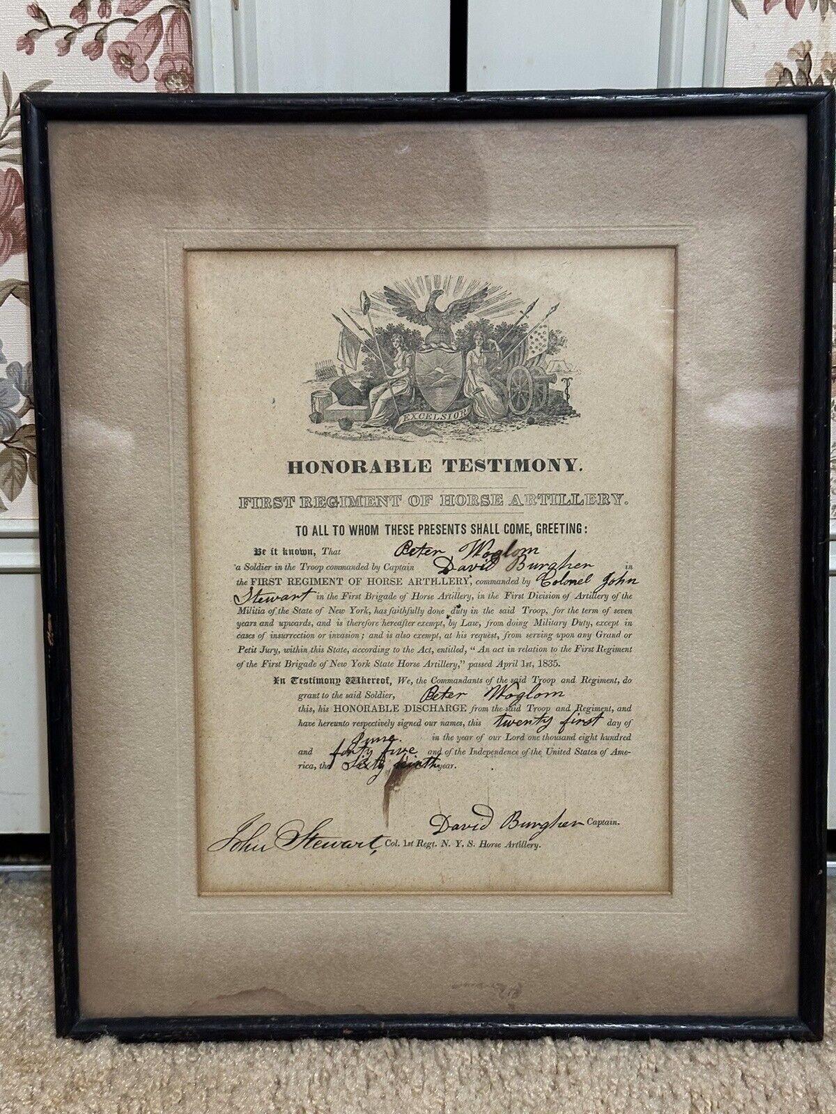 1845 Honorable Discharge 1st regiment of Horse Artillery NY state militia signed