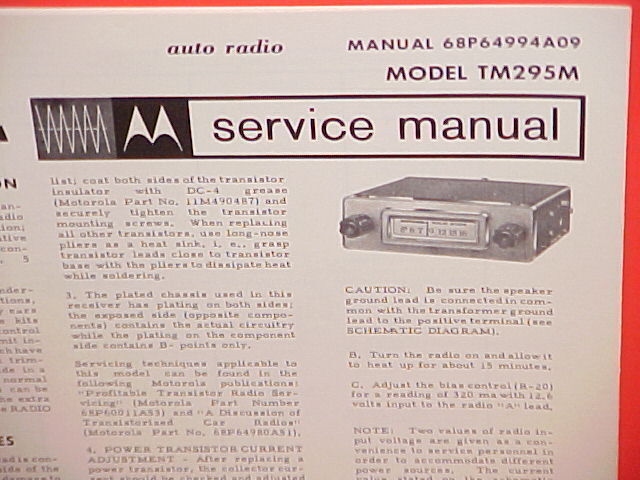 1965 MOTOROLA AUTO CAR AM RADIO FACTORY SERVICE SHOP REPAIR MANUAL MODEL TM295M