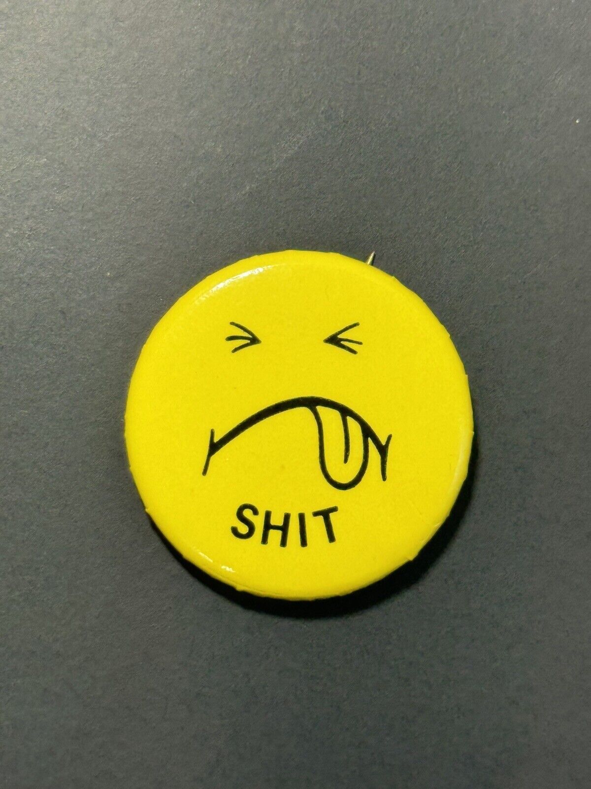 Vintage Smiley Face Sh*t Pinback Button Frown Tongue Yellow Pin