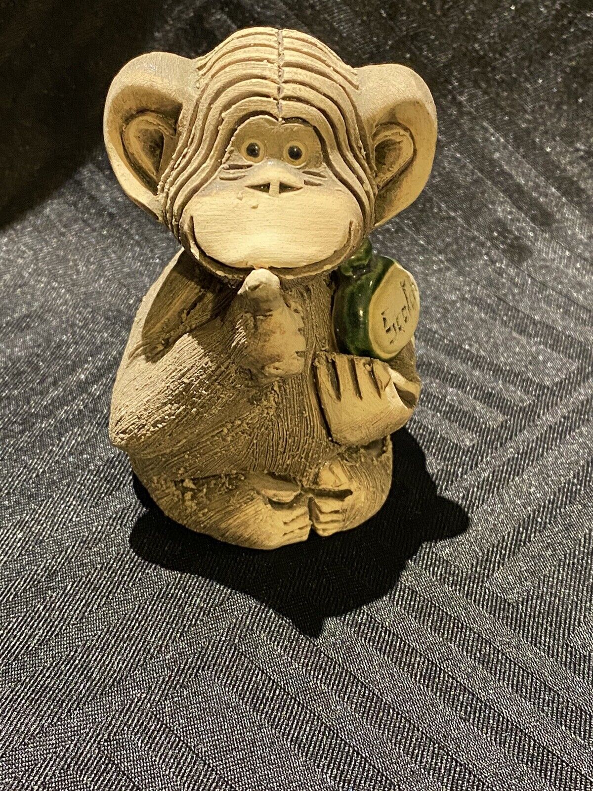 Vintage Artesania Rinconada Monkey holding bottle of scotch signed clay figurine
