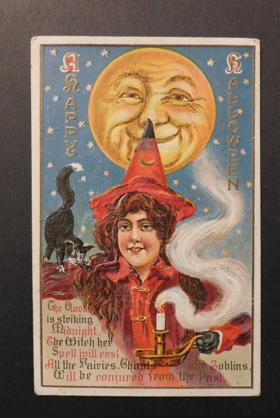 Mint USA Picture Postcard Halloween Red Witch Candle Living Moon Smoke Cat
