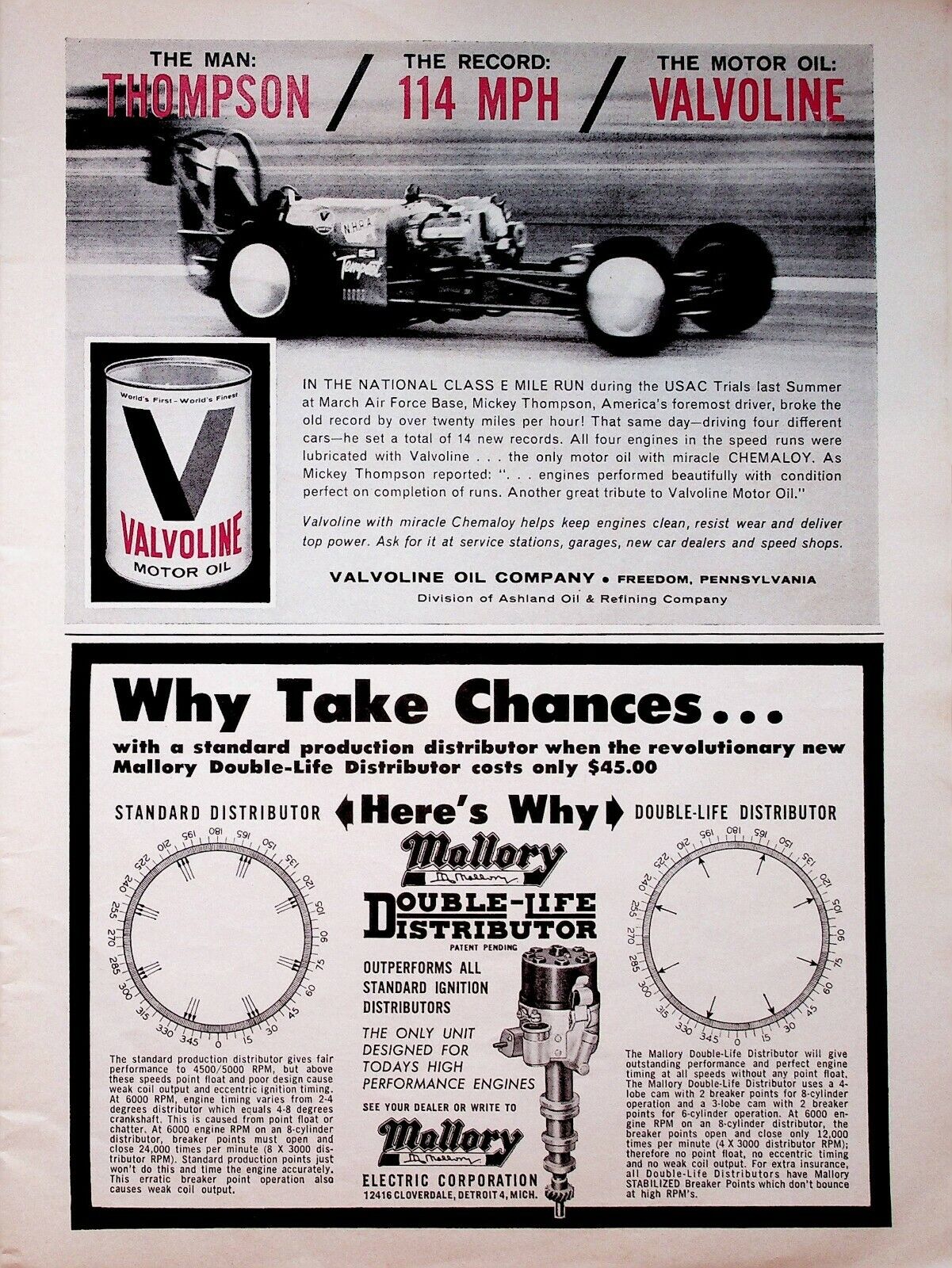1962 Mickey Thompson March Air Force Base 114mph / Valvoline Oil - Vintage Ad