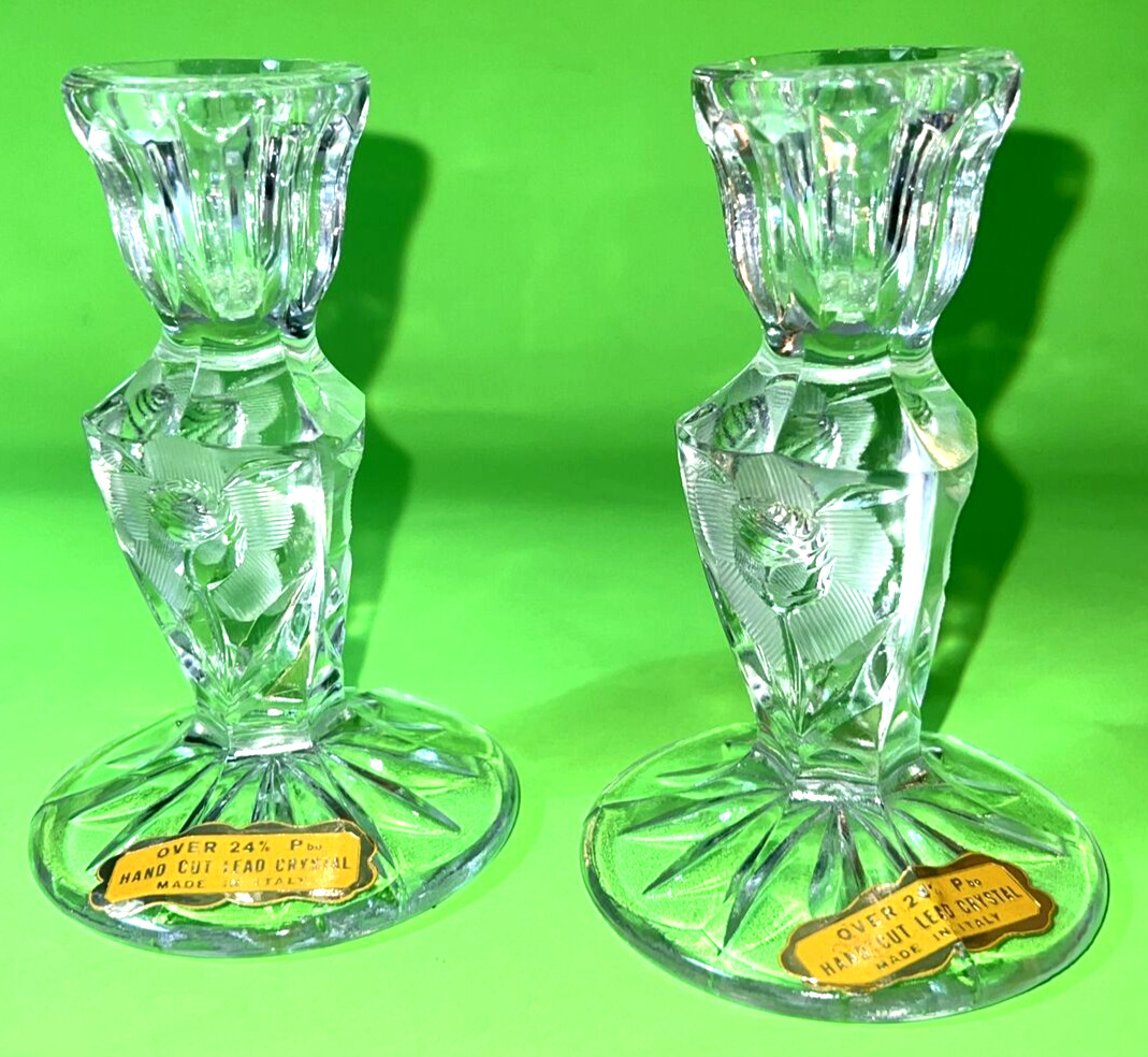 Pair of 3-Sided Candlestick Holders 24% Lead Crystal Rose Stem Italy Vintage