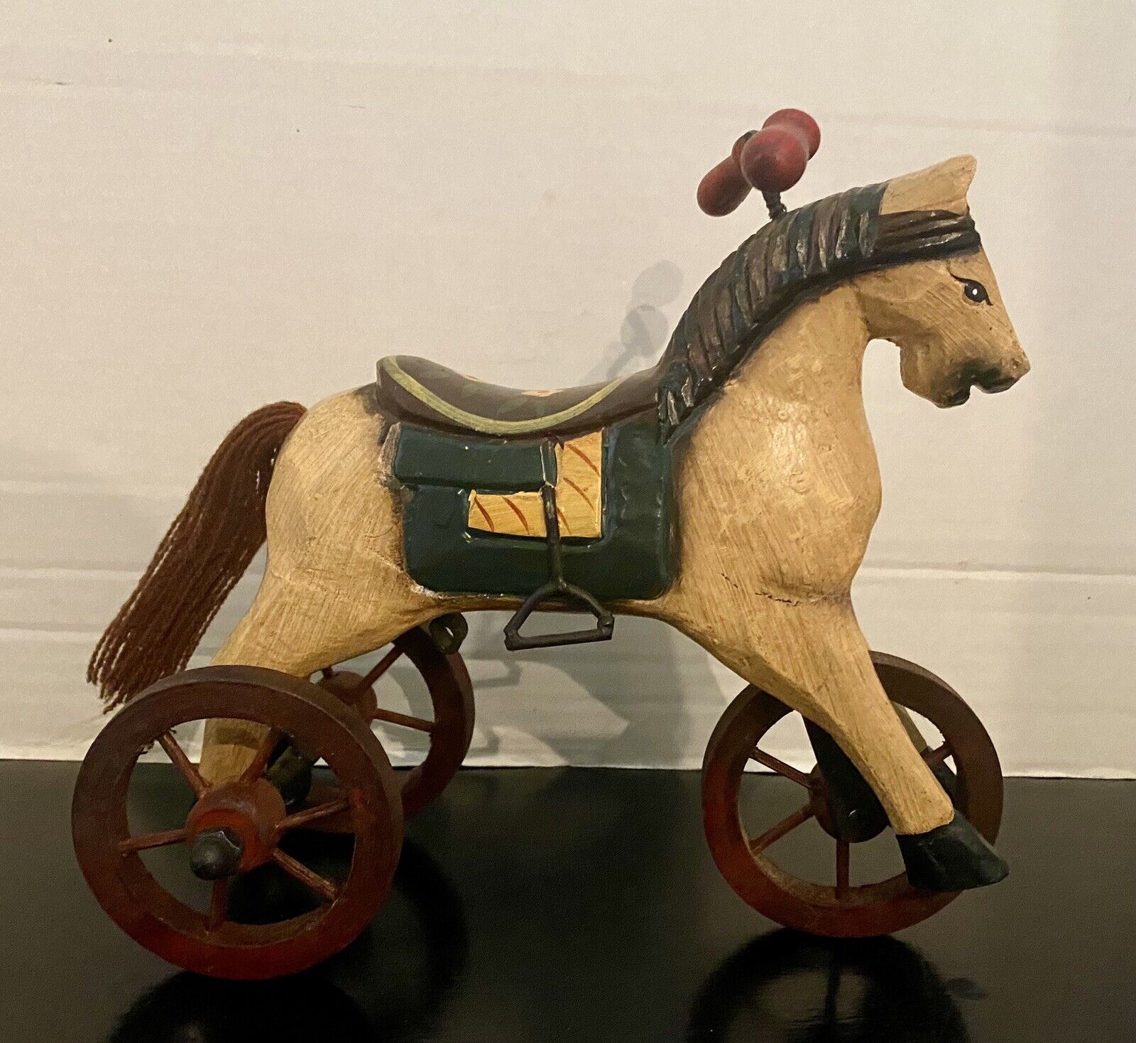Vintage Wooden And Metal Hand Carved Hand Painted Horse Tricycle Folk Art 9”
