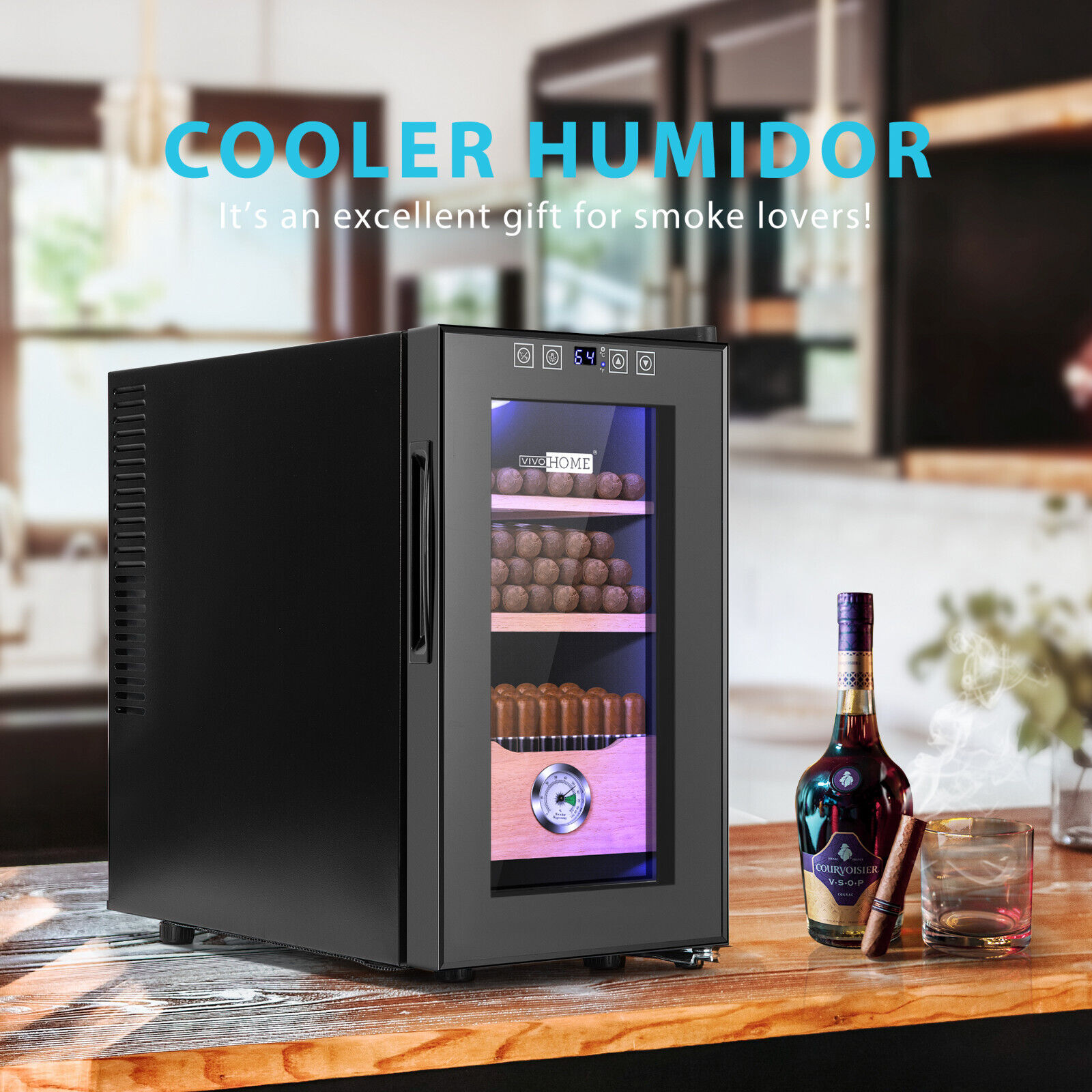 23L Electric Humidor Cigar Cooler w/ Spanish Cedar Wood Shelves, 150 Capacity