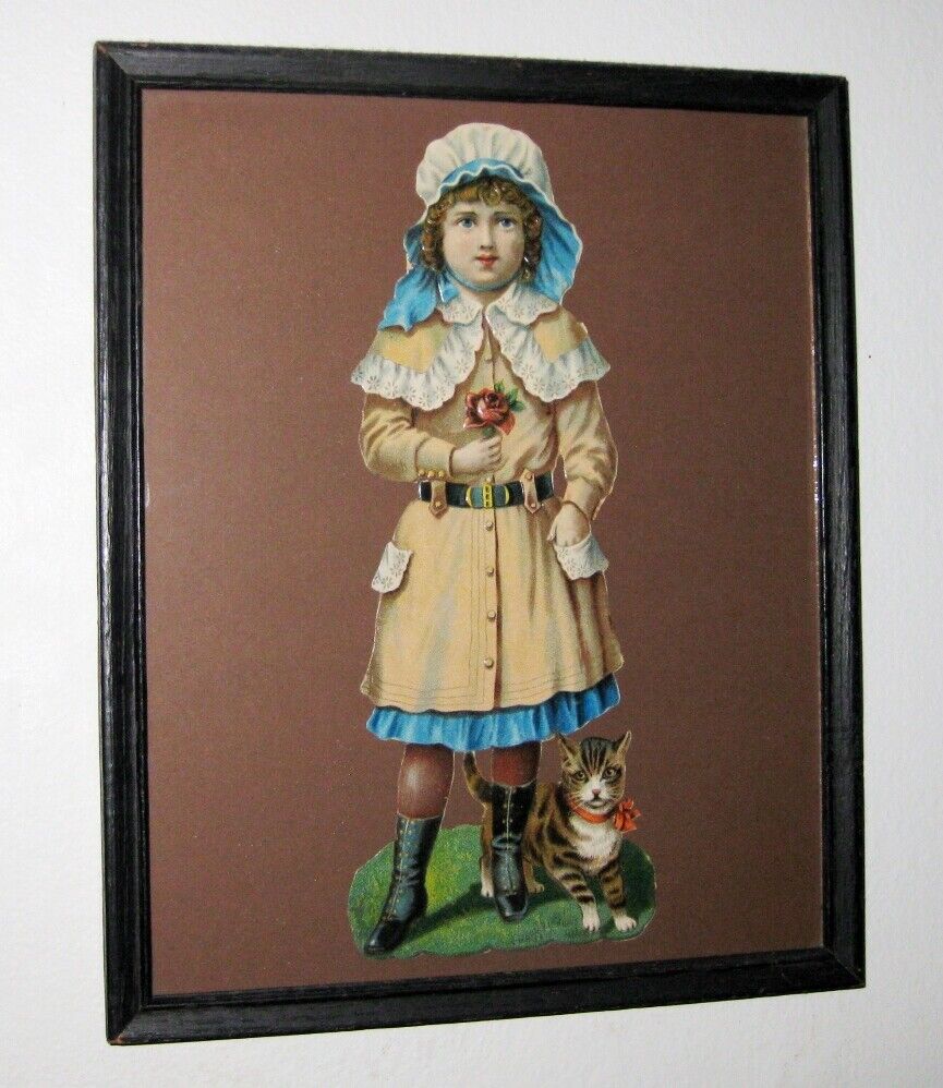 antique vintage chromolithograph cut out doll girl with cat framed 1890\'s