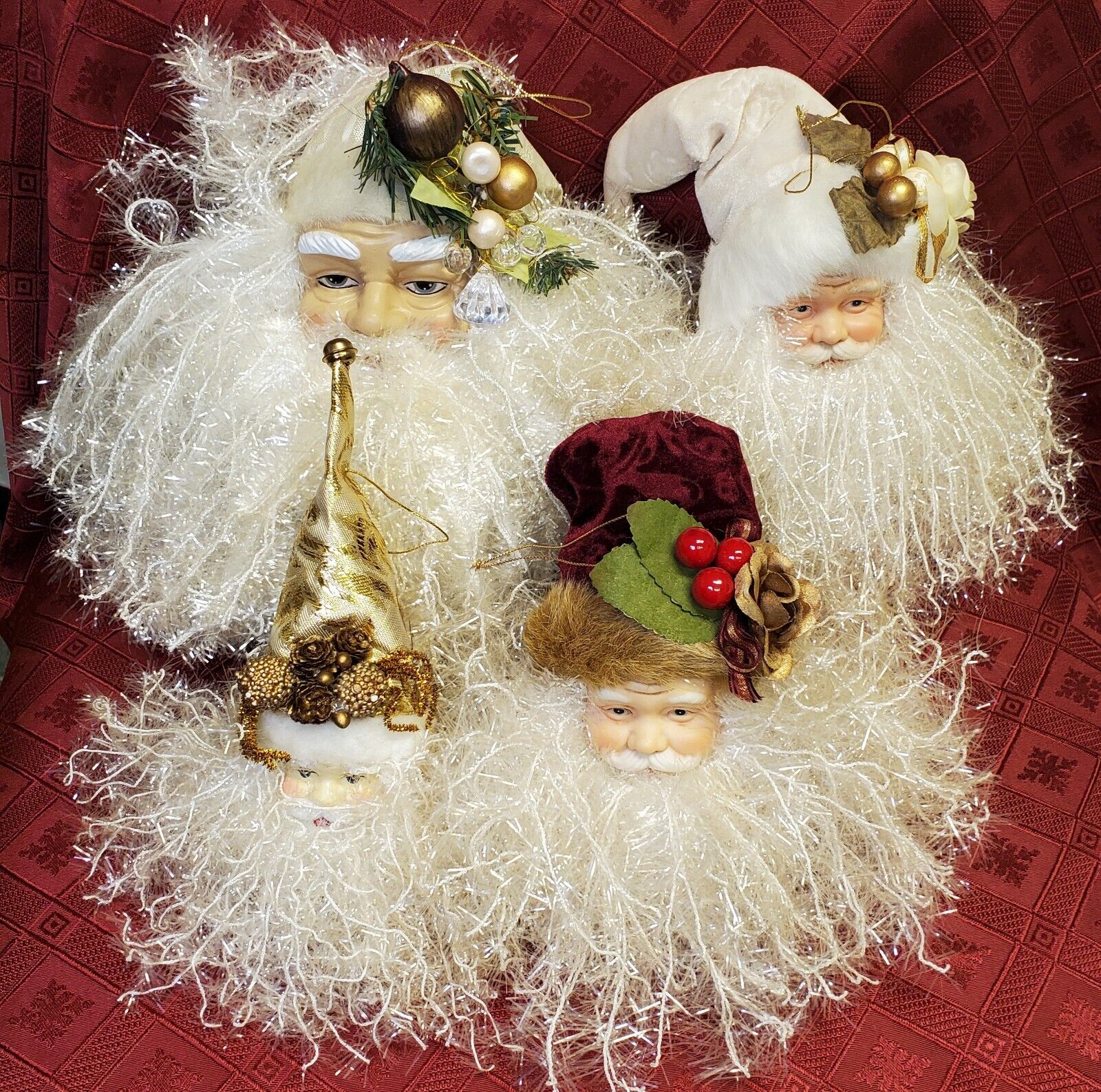 Lot of 4 Vintage Santa Head Christmas Ornaments Victorian Style Face Old World 