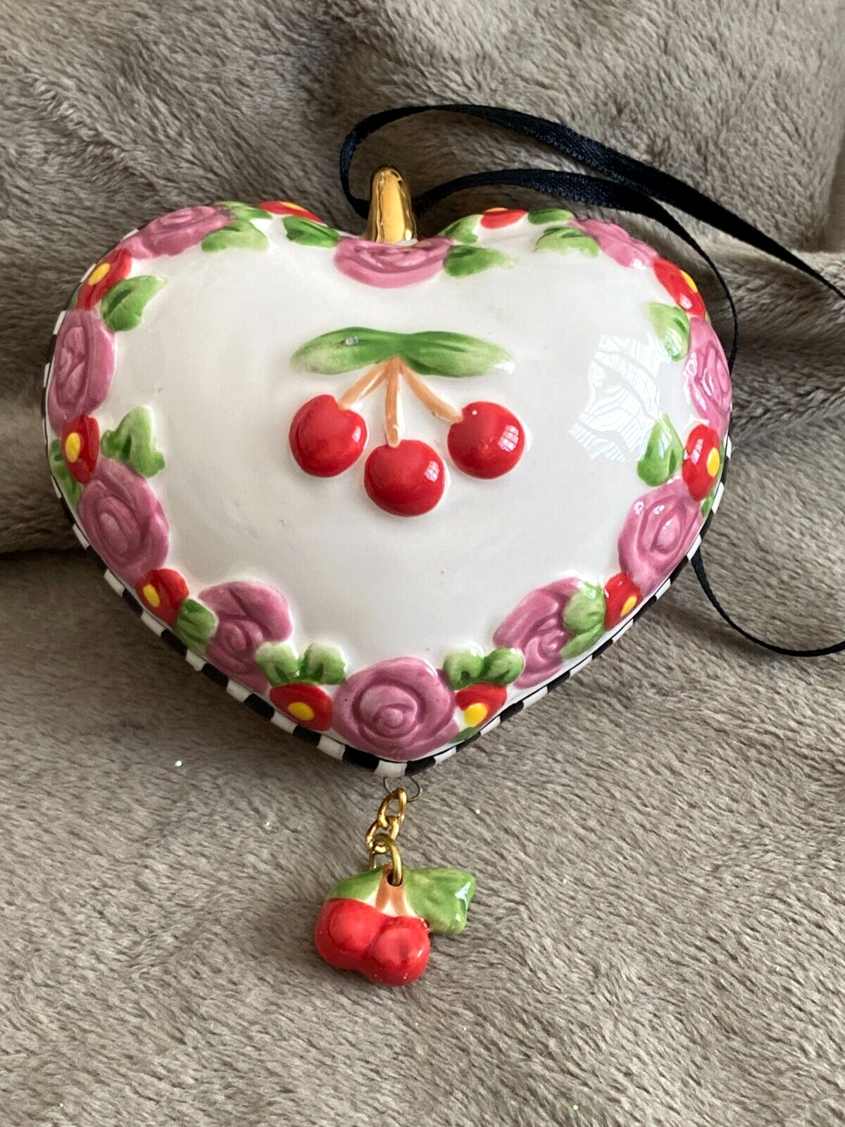 Mary Engelbreit ~ Porcelain Puffed Heart with Flowers & Cherries Ornament