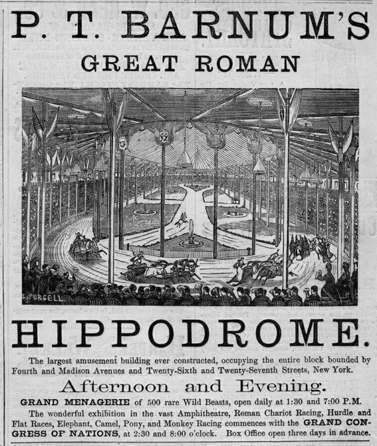 P. T. BARNUM'S ROMAN HIPPODROME GRAND MENAGERIE CHARIOT RACING 1874 ADVERTISMENT