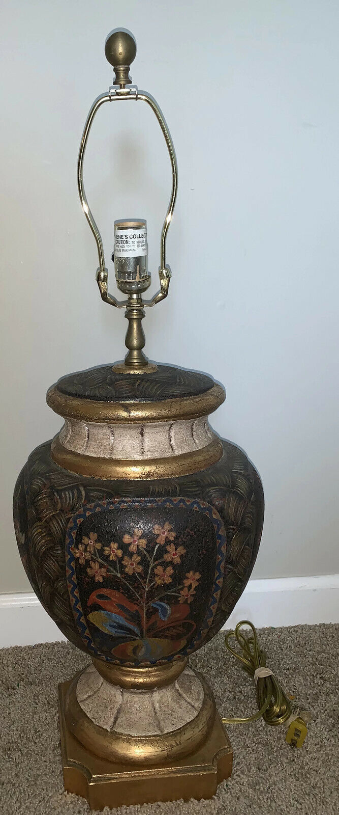 Large Vintage Black Floral Urn Lamp Vase Gold Pedestal Base