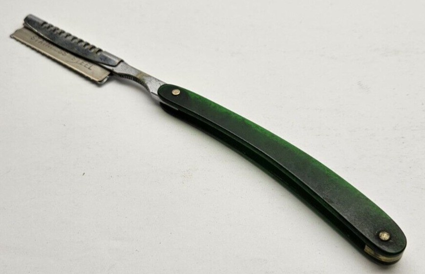 Vintage WECK Sharper Straight Razor E. Weck & CO NY Transparent Green Handle USA