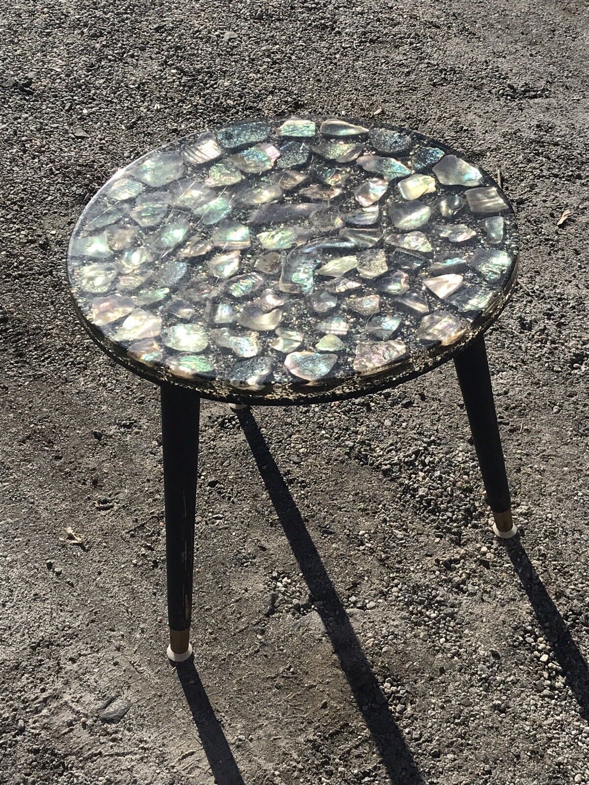 abalone shell resin side table tripod mid century modern vintage tapered leg