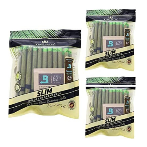 King Palm | Slim | Natural | Prerolled Palm Leafs | 3 Packs of 25 Each = 75Rolls