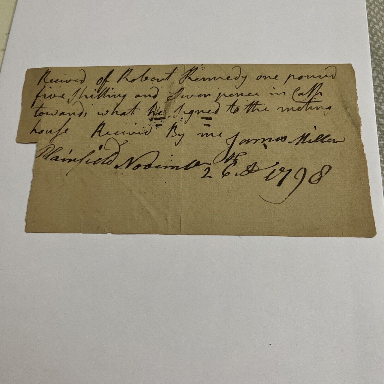 1798 Receipt: James Miller of Plainfield to Robert Kennedy for the Meeting House