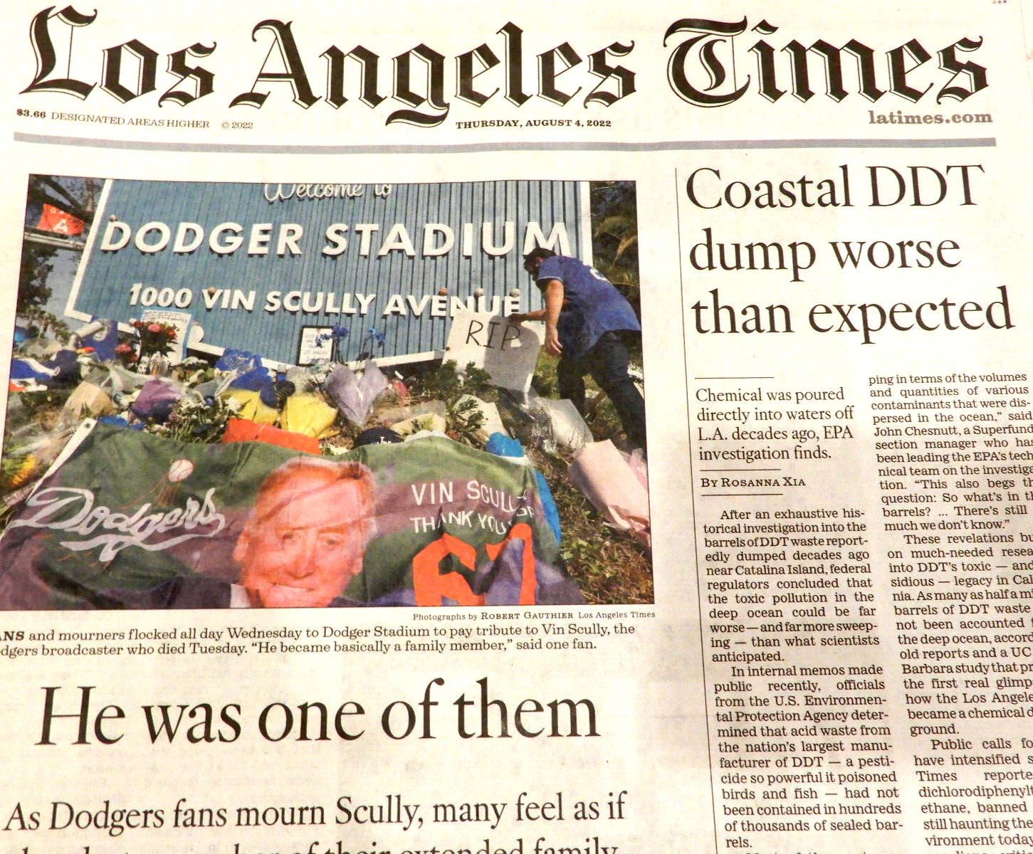 VIN SCULLY PASSES FANS MOURN Los Angeles Times Newspaper LA DODGERS Aug. 4, 2022