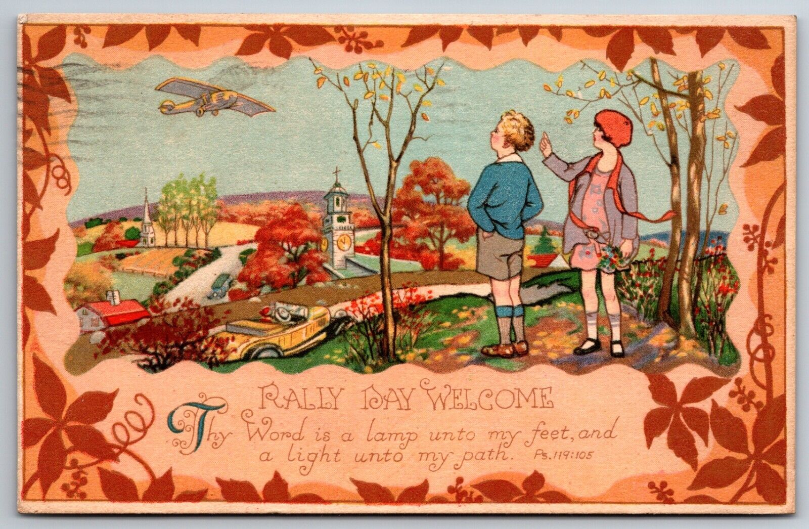 Rally Day Hagerstown Maryland 1930 Old Car Airplane Countryside Chapel  Postcard