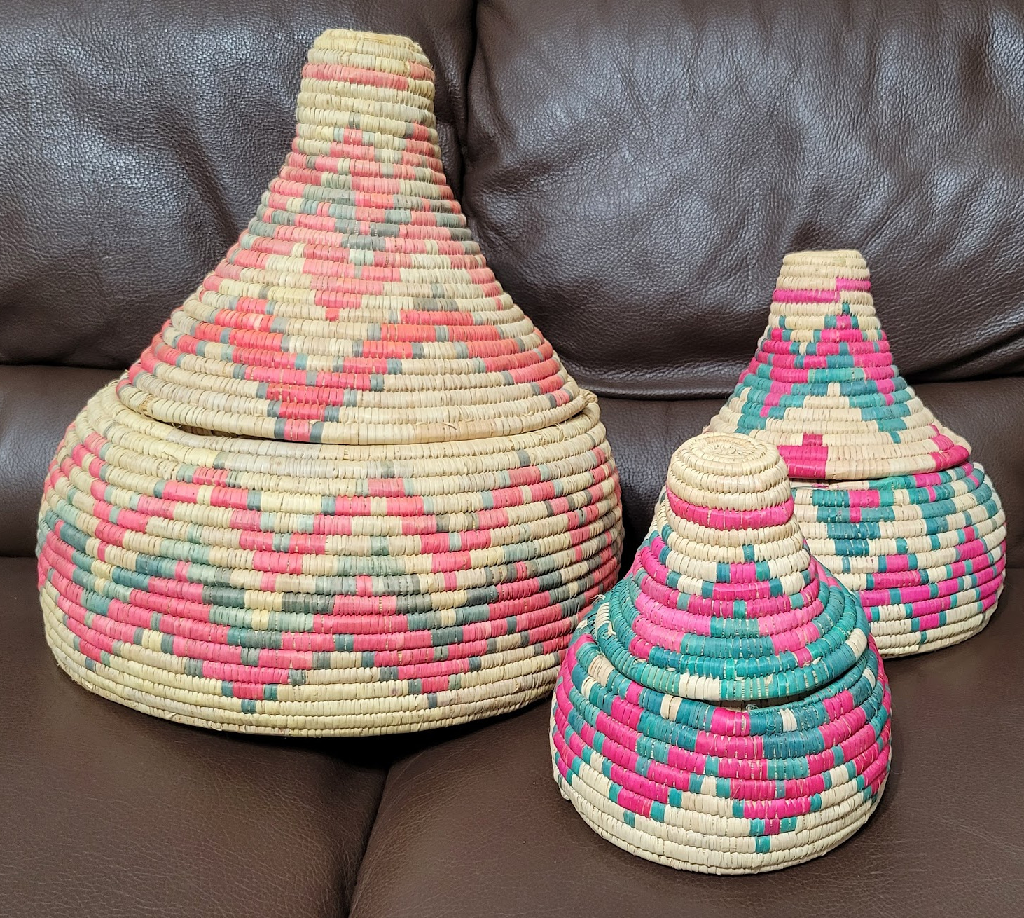 Vintage Saudi Arabian Bedouin Lidded Gourd Shaped Tribal Nesting BASKET Set of 3