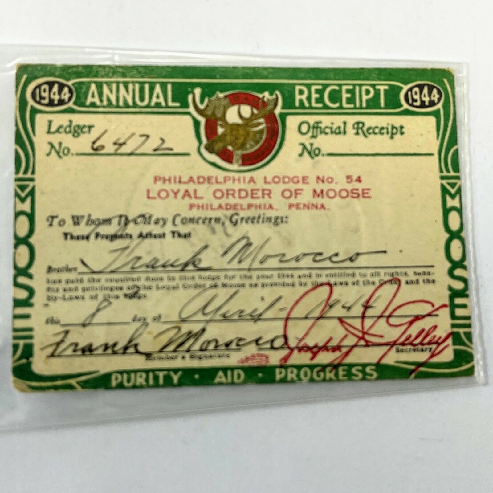 1944 Loyal Order of Moose Philadelphia Annual Receipt Membership Card