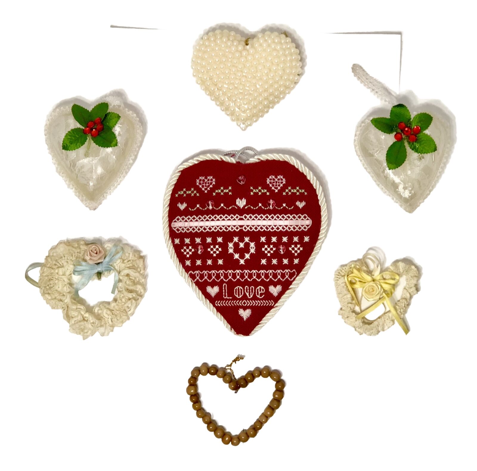 Lot/7 Vintage Handmade Heart Shaped Ornaments Beads Lace Ribbon Valentines Day